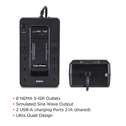 CyberPower ST625U Standby UPS Battery Backup and Surge Protector, 625VA/360W, 8 Outlets, 2 USB Charging Ports, Compact, UL Certified