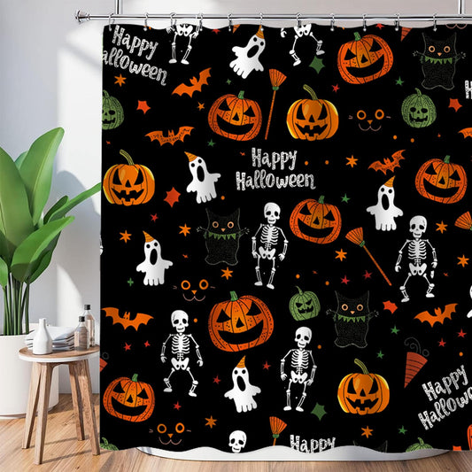 Cnayuep Halloween Shower Curtain, Black Fall Shower Curtains for Bathroom, Horror Skeleton Halloween Curtains Ghost Shower Curtain Set for Bathroom Decor, Waterproof Bathroom Curtain 72"X72"