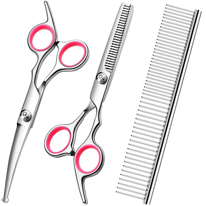 FAIGEO Dog Grooming Scissors with Safety Round Tips Stainless Steel Professional Dog Grooming Kit - Thinning, Curved Scissors and Comb for Cat Pet (Pink 4 in 1)