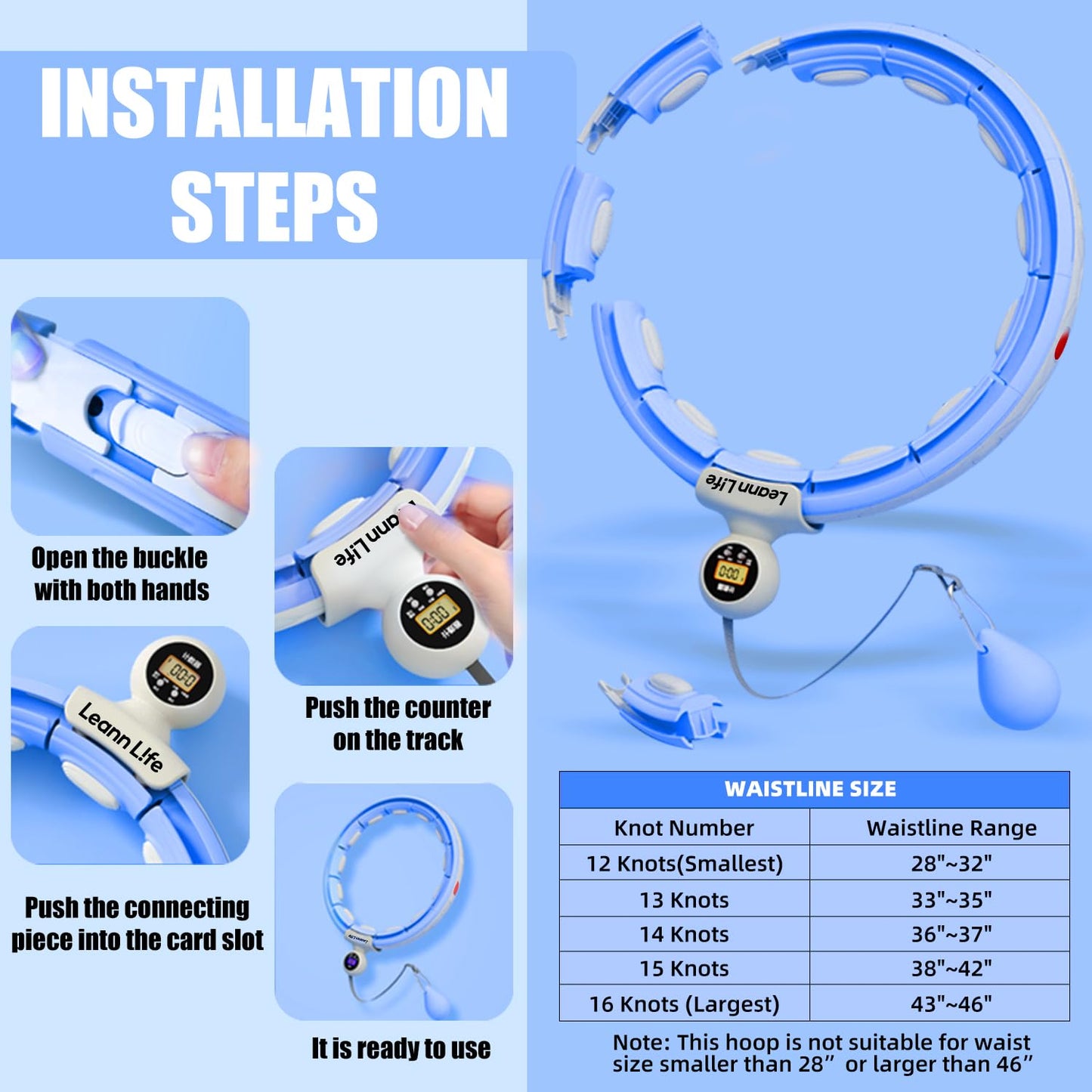 Leann L!fe U5-16 Knots with Counter, U5 Silent Smart Weighted Hula Hoop for Adults Weight Loss Infinity Hoop Plus Size, Home Outdoors Fitness Exercise, Abdominal Toner, (Blue-Waist 28"~46")