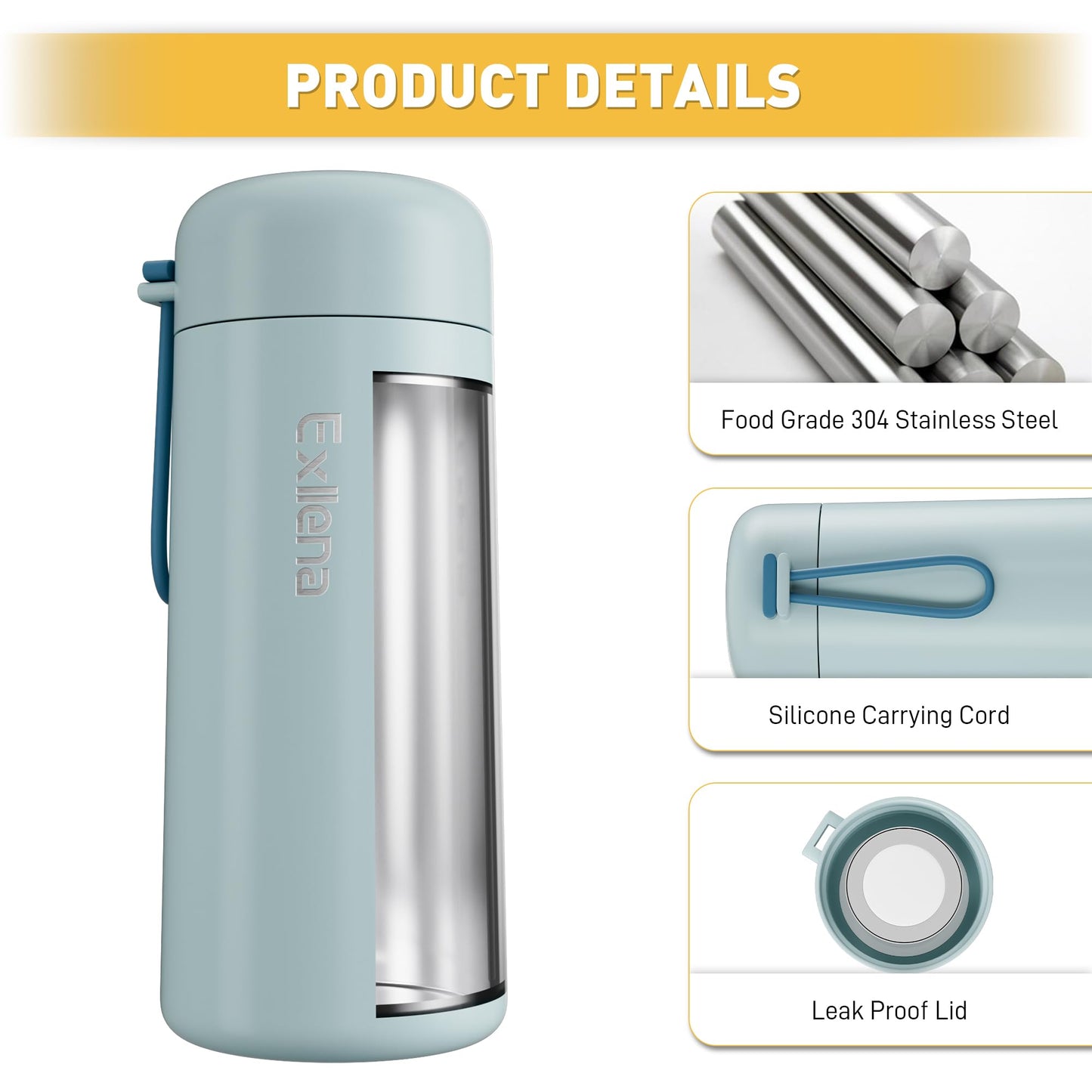 8 oz Water Bottles Made of 304 Stainless Steel, Small Water Bottles Double Wall Vacuum Insulation for Hot&Cold Drinks, Water Bottle Purse with Carry Handle - 100% Leakproof (Grayish Blue)