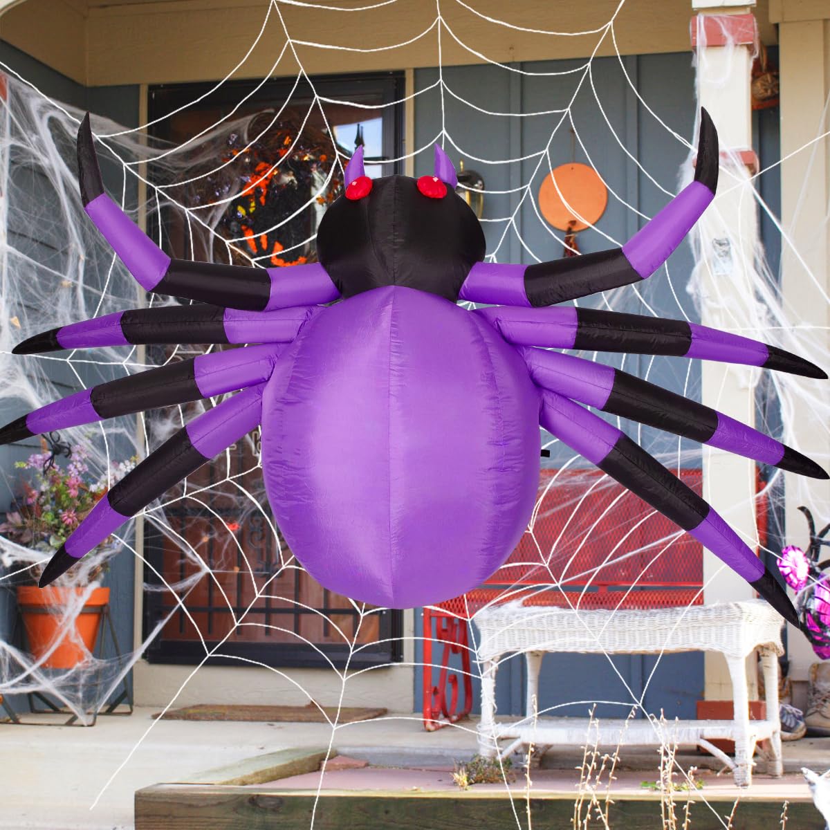 COMIN 9FT Width Halloween Inflatables Outdoor Decorations Spider Blow Up Yard Decoration with Built-in LED for Yard Garden Party Lawn (Purple)