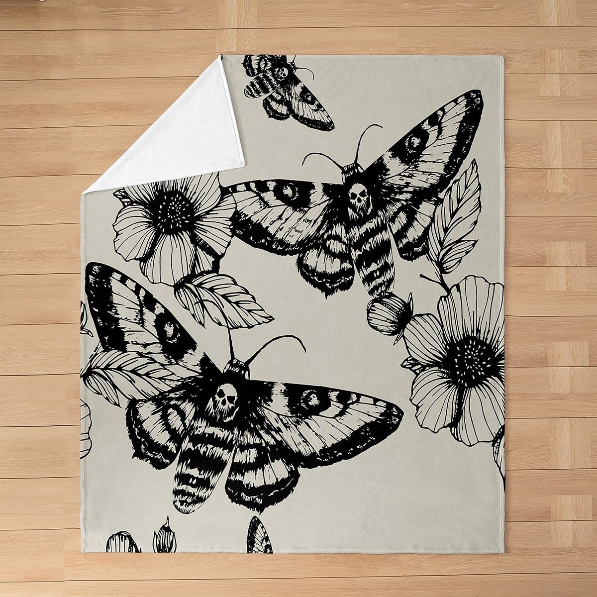 Death Moth Flannel Blanket for Boys Girls Adult,Gothic Death Skull Fleece Blanket Warm Throw, Youth Bohemian Throw Blanket 90"x90" Ultra Soft, Skeleton Bones Plush Blanket Bedroom Decor