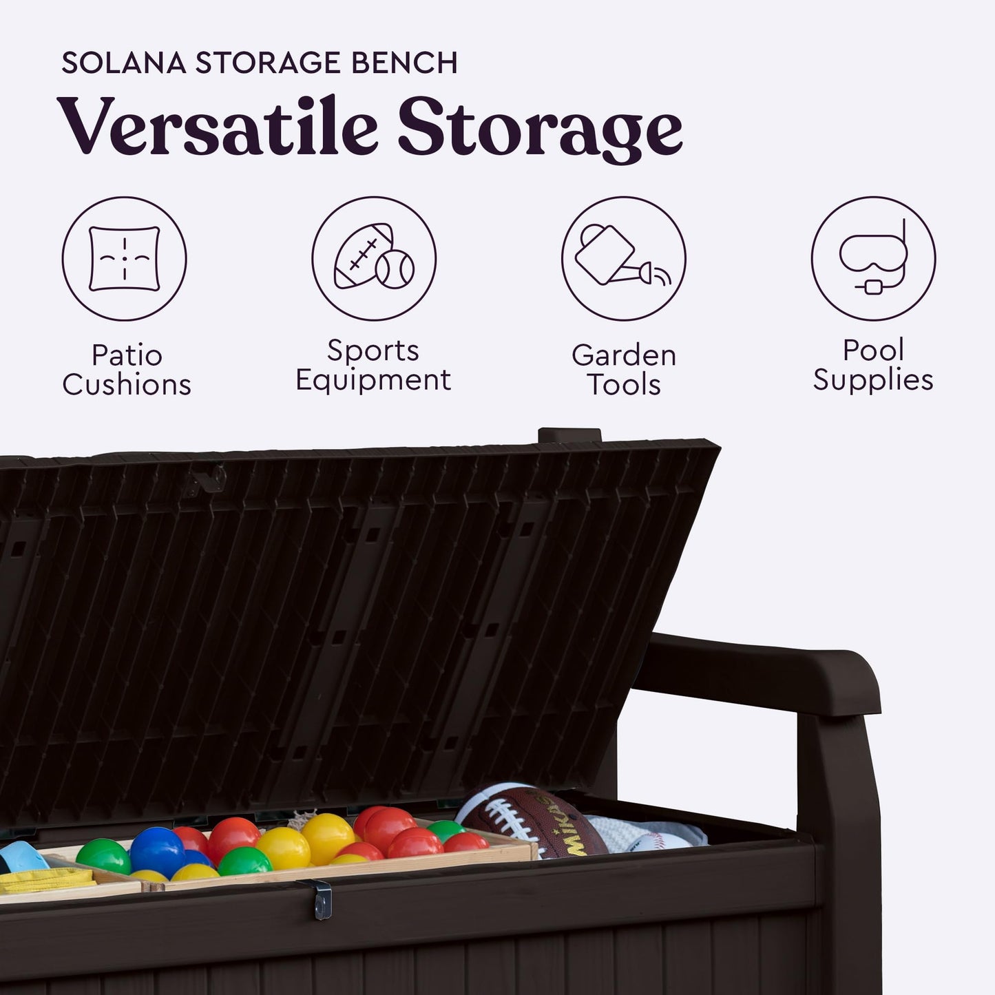 Keter Solana 70 Gallon Storage Bench Deck Box for Patio Furniture, Front Porch Decor and Outdoor Seating – Perfect to Store Garden Tools, Brown/Brown