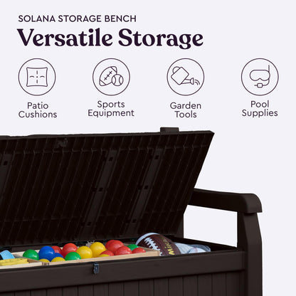 Keter Solana 70 Gallon Storage Bench Deck Box for Patio Furniture, Front Porch Decor and Outdoor Seating – Perfect to Store Garden Tools, Brown/Brown