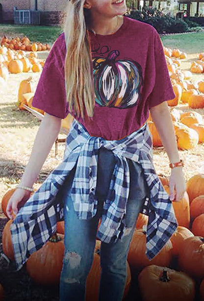 Halloween Pumpkin Shirt Women Fall Graphic Tees Short Sleeve Autumn T-Shirt Thanksgiving Gift Tops (Purple 2, L)