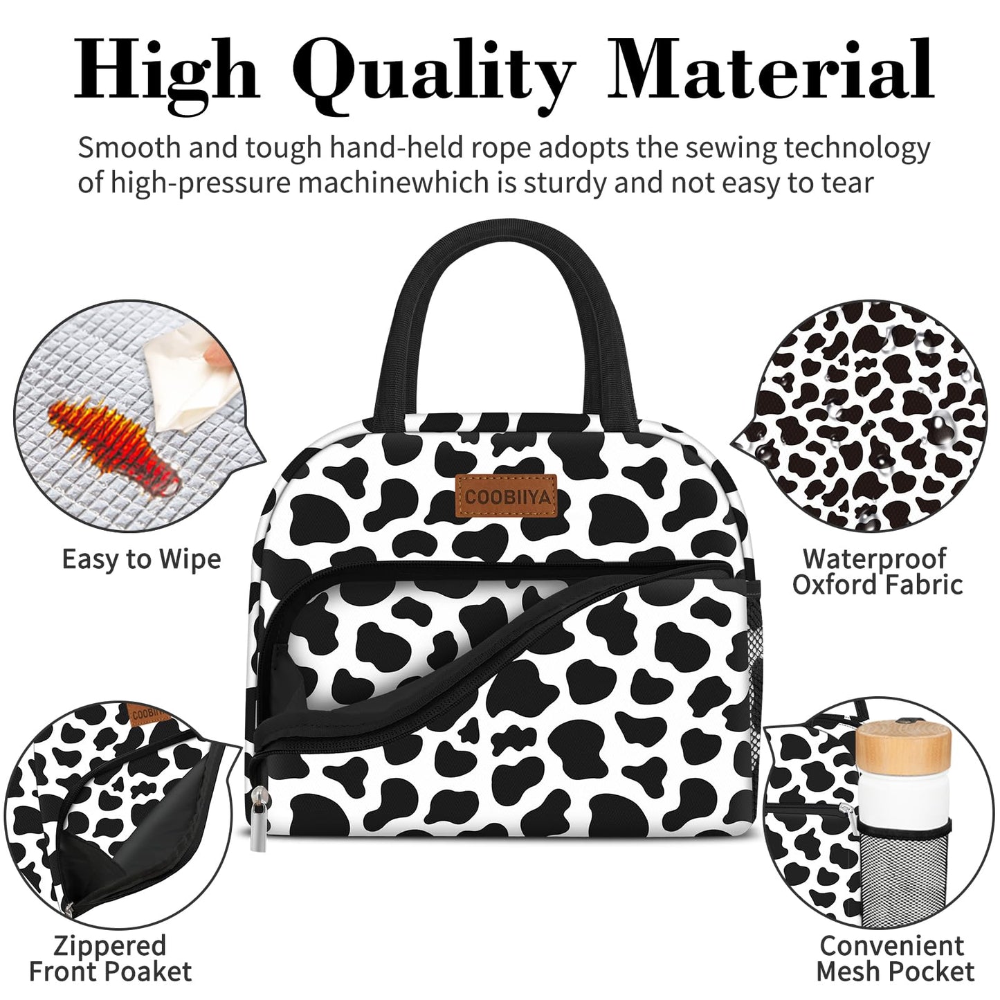 Coobiiya Lunch Bag Women, Lunch Box for Women Adult Men, Small Leakproof Cute Lunch Tote Large Capacity Reusable Insulated Cooler Lunch Container for Work/Office/Picnic/Travel-Cow