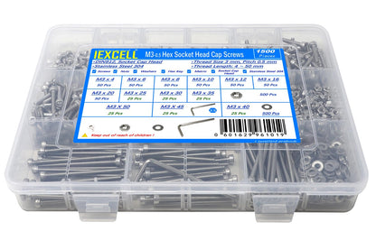 iexcell 1500 Pcs M3 x 4/6/8/10/12/16/20/25/30/35/40/45/50 Stainless Steel 304 Hex Socket Head Cap Screws Blots Nuts Washers Assortment Kit