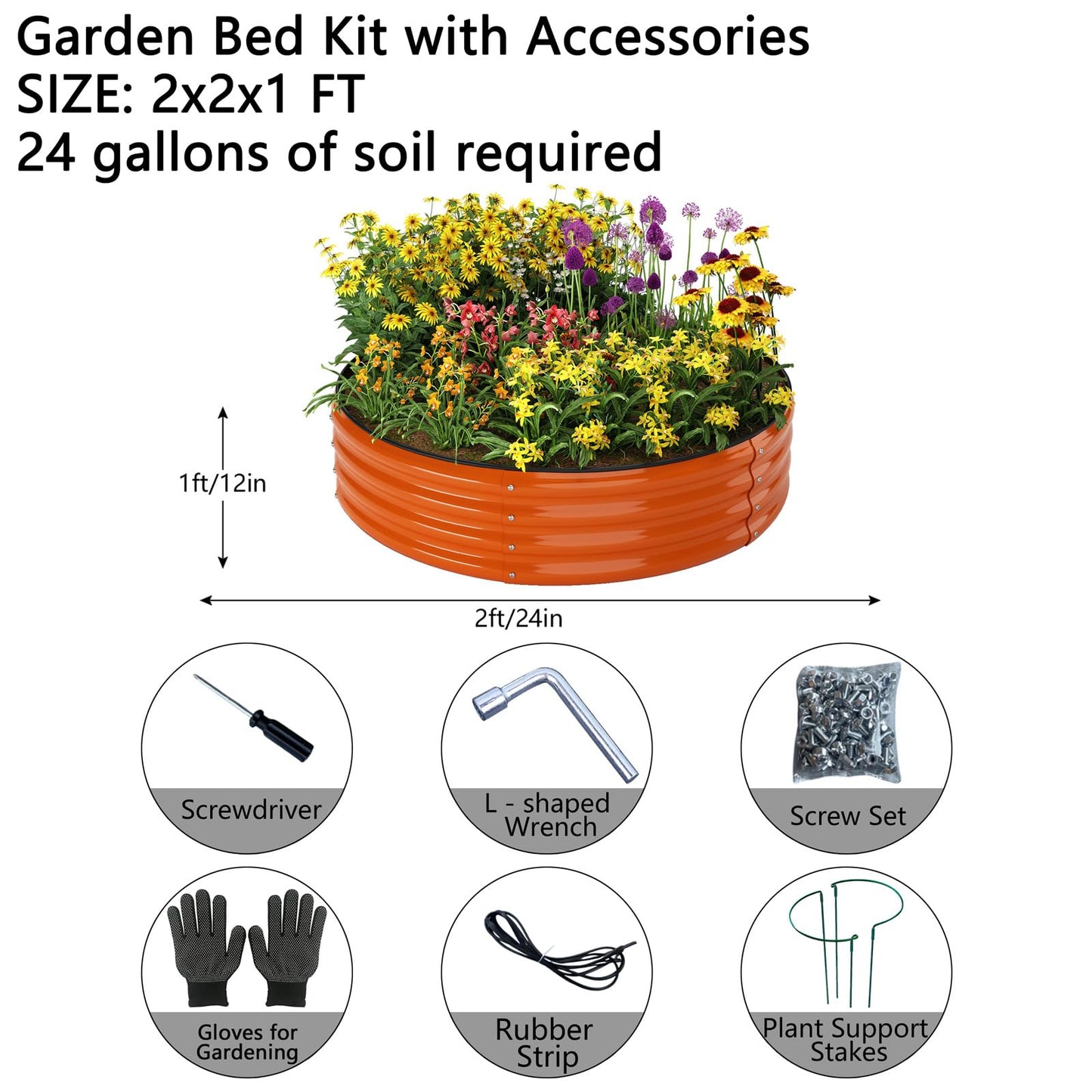 Galvanized Metal Planter Round Raised Garden Bed Kit for Gardening Outdoor，2x2x1ft Grow Garden Box Raised Flower Bed，Round Galvanized Planter Outdoor Metal Fire Pit Ring