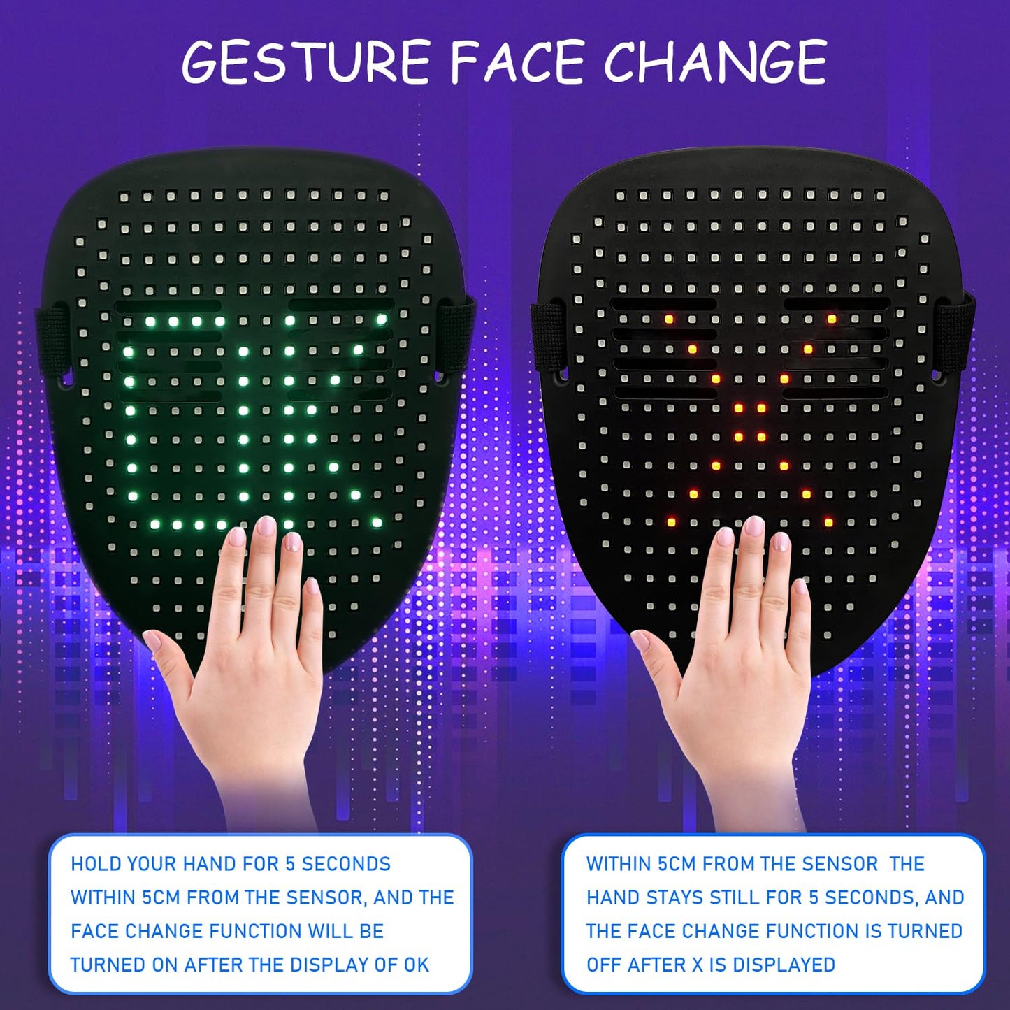COOLGUARDER Led Mask with Gesture Sensing, Light up Shining Mask with 50 Patterns for Child Men Women LED Mask Halloween Xmas for Costume Cosplay Party