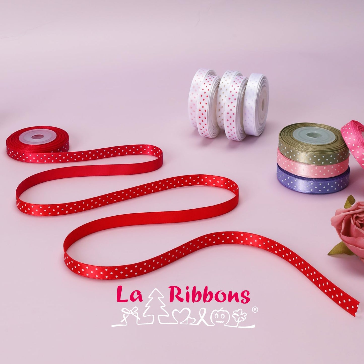 LaRibbons Polka Dot Satin Ribbon Variety Pack 100 Yards, 3/8" X 10 Yards/Roll Hot Pink Red Purple Khaki Assorted Ribbons for Crafts, Valentines, Gift Wrapping, Hair Bows