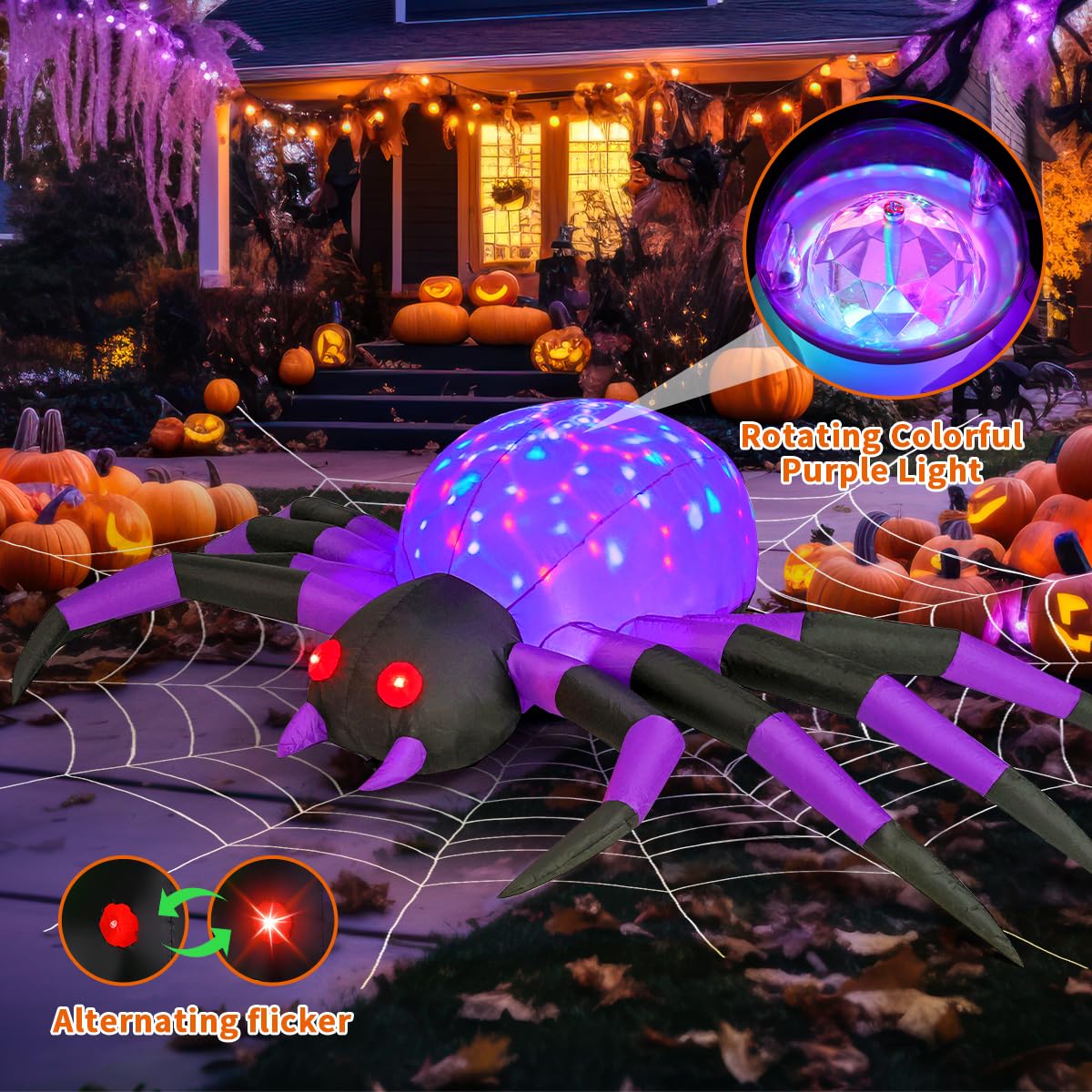 COMIN 9FT Width Halloween Inflatables Outdoor Decorations Spider Blow Up Yard Decoration with Built-in LED for Yard Garden Party Lawn (Purple)