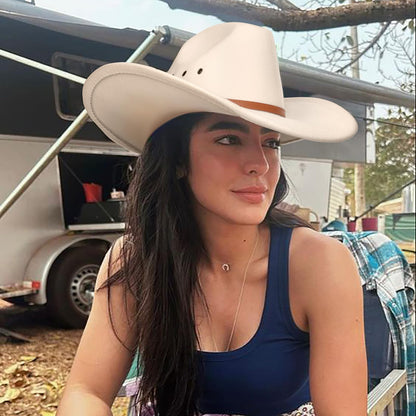 DRESHOW Cowboy Hat for Women and Men Classic Western Felt Cowboy Cowgirl Hat Outdoor Wide Brim Belt Buckle Retro Fedora Hats Unisex Rolled up Caps