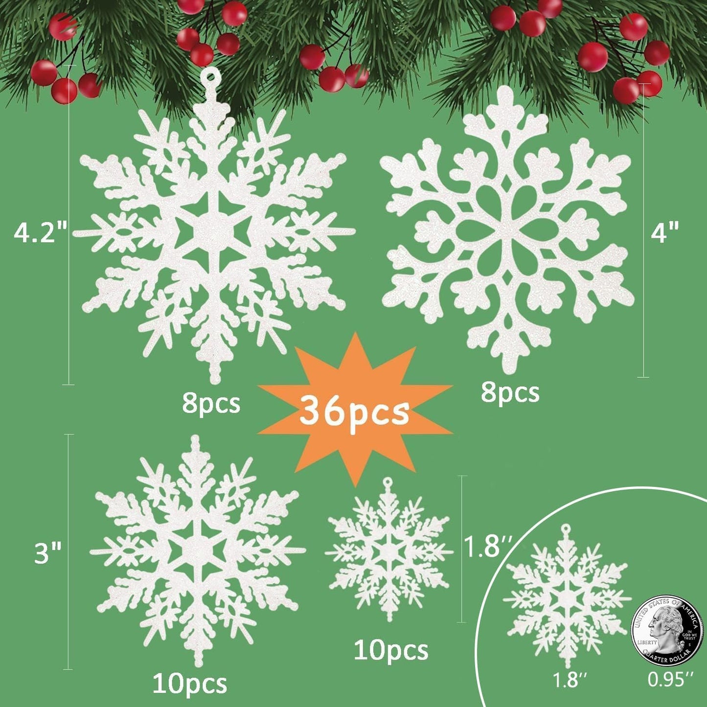 36pcs Snowflakes-Christmas Tree Decorations, Snowflake Ornaments for Tree, Plastic Glitter White Snow Flakes Ornaments, Christmas Indoor Winter Wonderland Decor