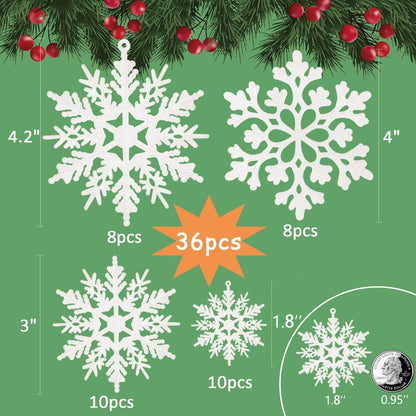 36pcs Snowflakes-Christmas Tree Decorations, Snowflake Ornaments for Tree, Plastic Glitter White Snow Flakes Ornaments, Christmas Indoor Winter Wonderland Decor