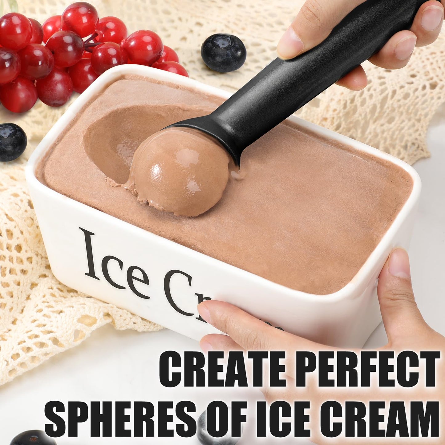 CUNSENR 7 inch Ice Cream Scoop - One-Piece Nonstick Aluminum Ice Cream Scooper - Professional Metal Ice Cream Spoon - Durable, Easy to Use & Clean - Lightweight Cookie Spoon - Scoop Ice Cream (Black)