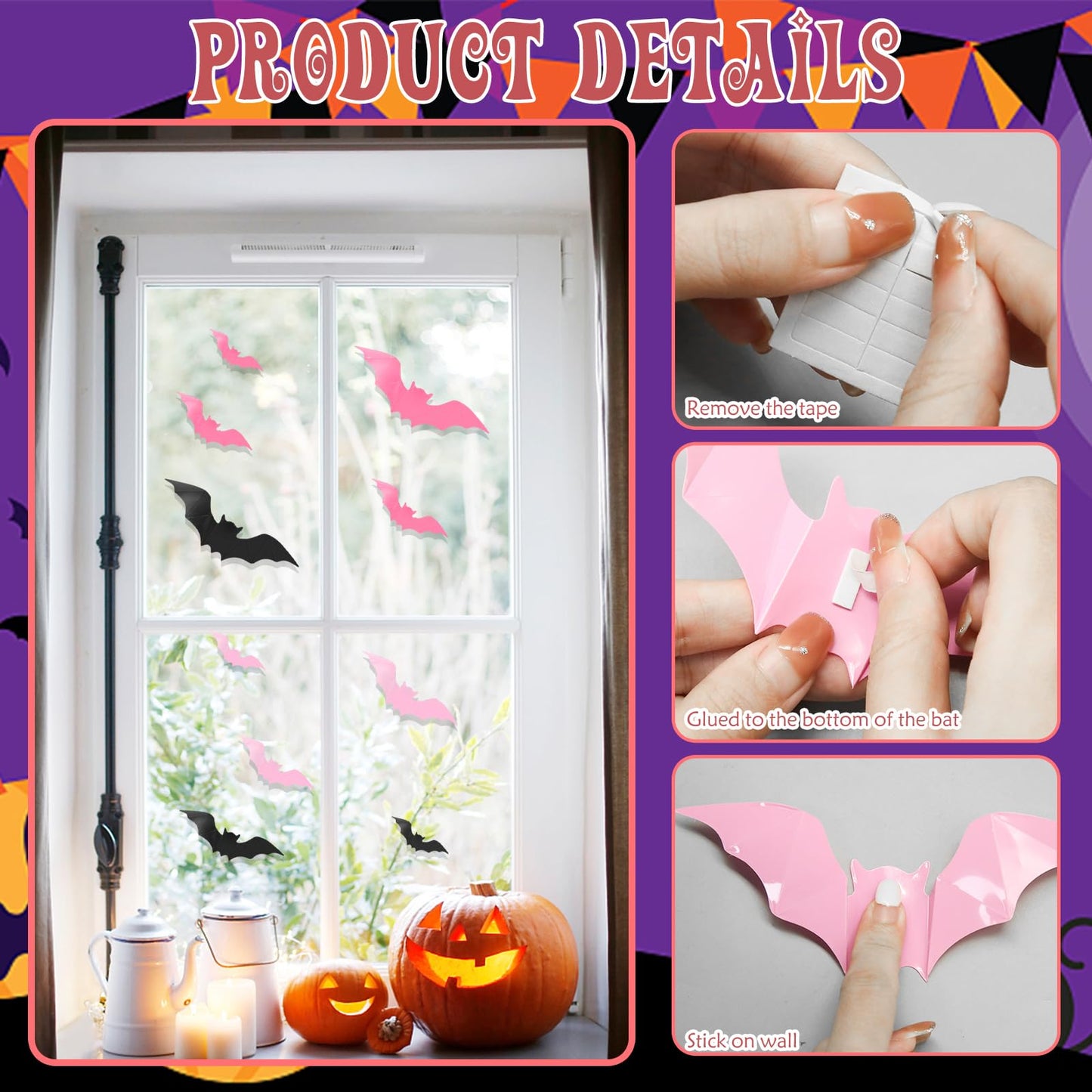 3D Halloween Wall Bats Decor - 48 Pink PVC Bats Stickers & Decals for Home, Indoor Spooky Theme