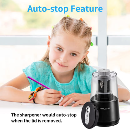 JARLINK Electric Pencil Sharpener, Heavy-Duty Helical Blade to Fast Sharpen, Auto Stop for No.2/Colored Pencils(6-8mm), AC Adapter/Battery Operated in School Classroom/Office/Home (Black)