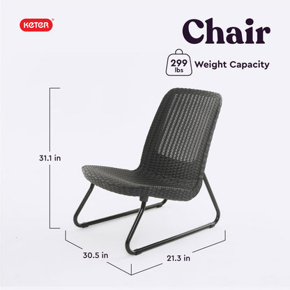 Keter Rio 3 Piece Resin Wicker Patio Furniture Set with Side Table and Outdoor Chairs for Front Porch and Backyard Decor, Dark Grey