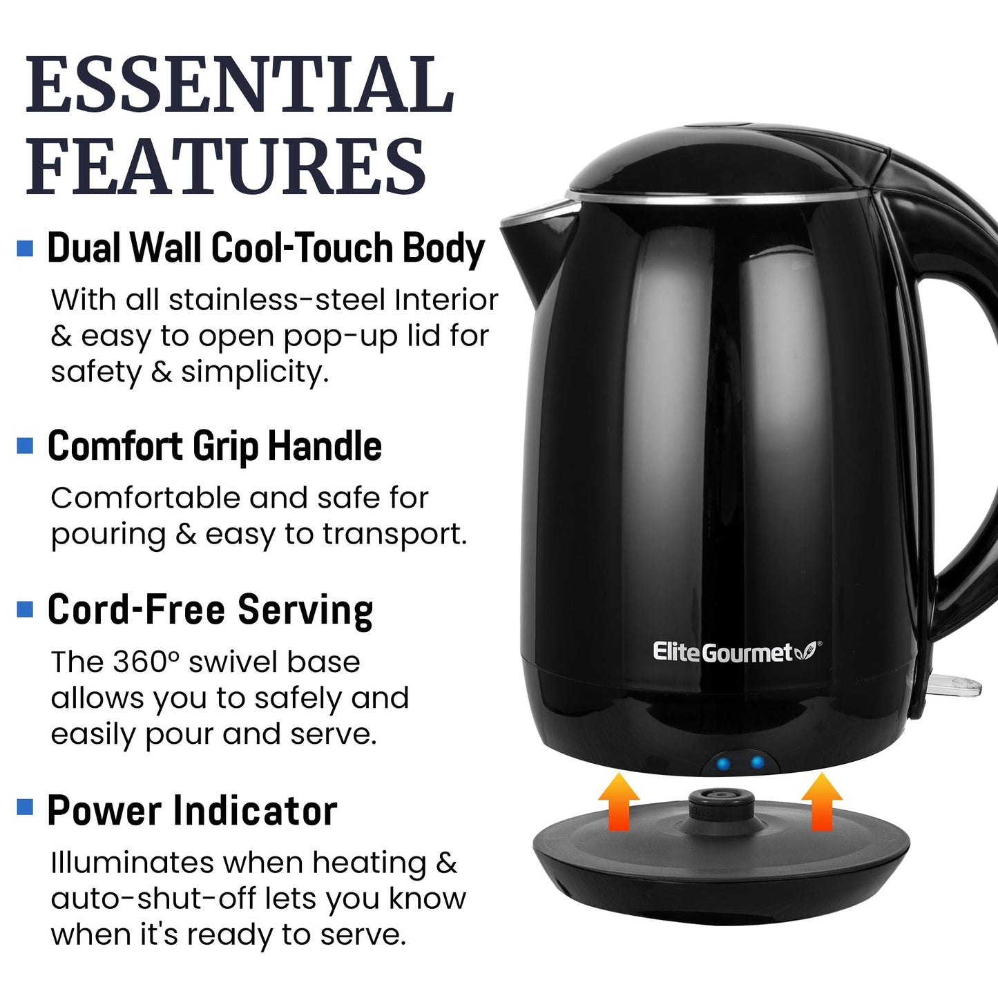 Elite Gourmet EKT1821 1.8L Double Wall Insulated, Cool-Touch 1500W Kettle w/Stainless Steel Interior & Lid, 360° Swivel Base for Cord Free Serving, Power On Lever, Auto Shut-Off, Boil Dry, Black