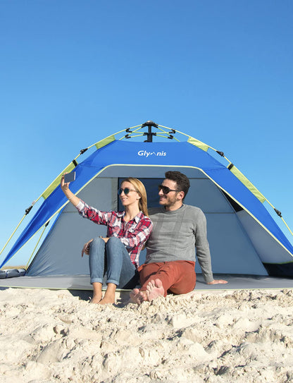 Glymnis Pop Up Beach Tent Sun Shade Shelter for 3-4 Person with UPF 50+, Lightweight & Easy Setup, Vent Windows & Zippered Door, Extended Floor Family Instant Beach Tent