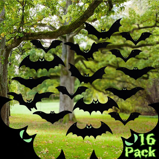 Hanging Bats Halloween Decorations Outdoor - 16 Pack Glowing Eyes Large Flying Bats 5 Different Size, Waterproof Plastic Realistic Black Bats Hanging in Tree Outside Halloween Decoration for Porch