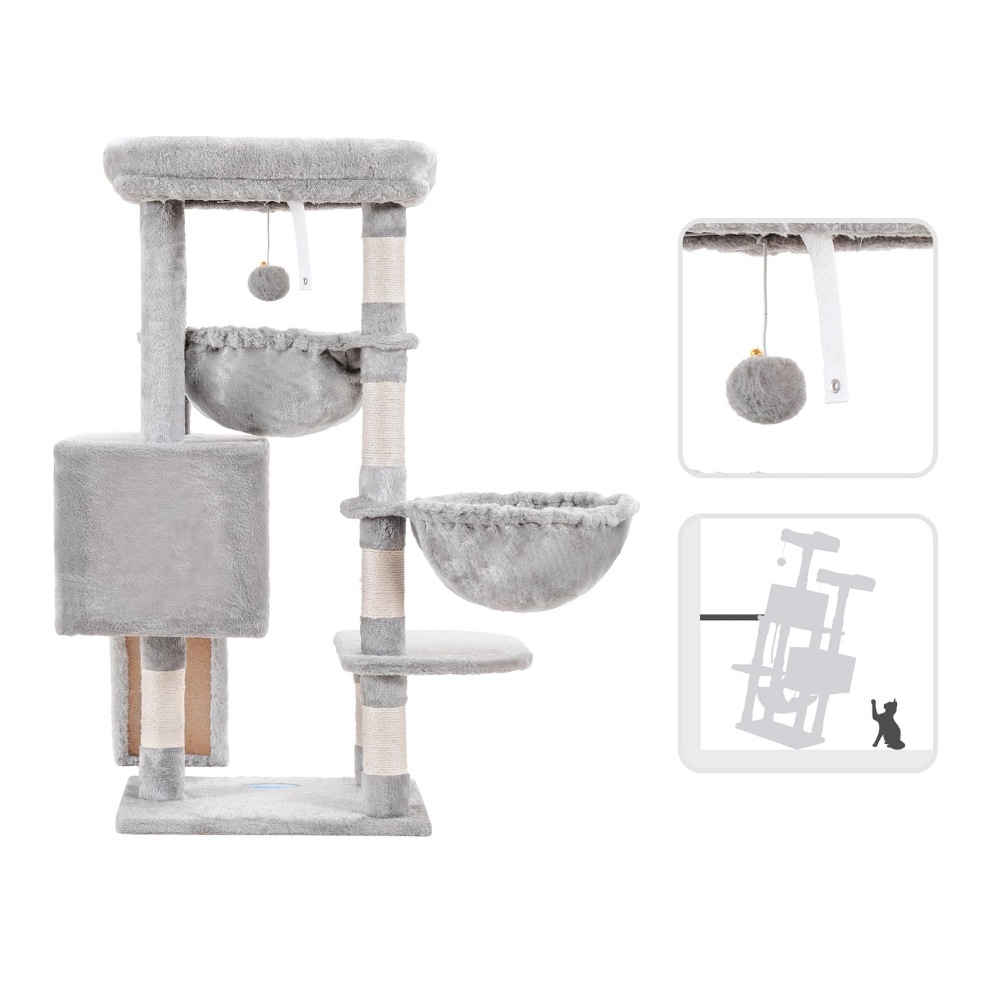 Hey-brother Cat Tree, Cat Tower for Indoor Cats, Cat House with Large Padded Bed, Cozy Condo, Hammocks, Sisal Scratching Posts, Big Scratcher, Light Gray MPJ006SW