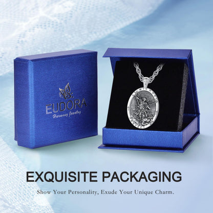 EUDORA St Saint Michael Necklace Medal for Women Men S925 Sterling Silver, Archangel St Michael Pendant for Protection Medalla de San Miguel Arcangel Christian Jewelry Gifts for Mens Women, 22"+2"