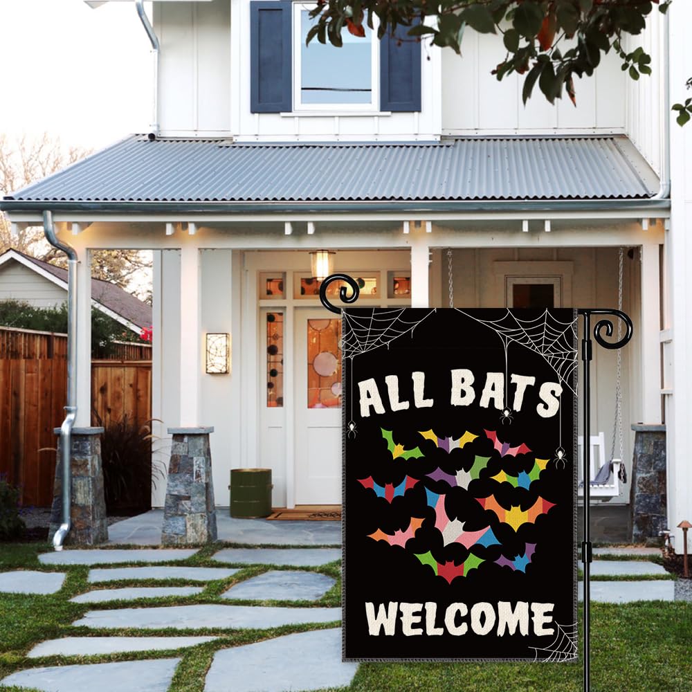 JMYROG All Bats Welcome Garden Flag - Double Sided Yard Outdoor Farmhouse Lawn Porch Decor, Halloween Bats Decor, Inclusive Equality Diversity Flag, LGBTQ Pride