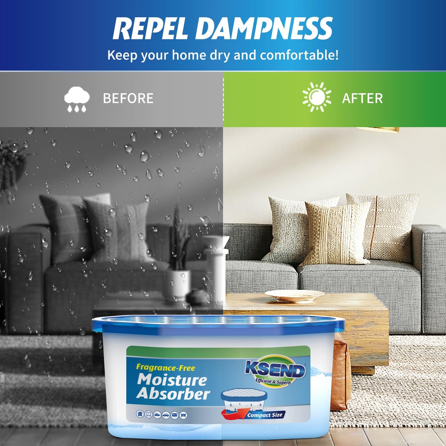 Ksend Moisture Absorbers, 12 Pack, Compact Dehumidifier for Closet, Efficient Humidity Absorber Boxes, Moisture Absorber for Closet, Odor Eliminator with Fragrance Free, Blue, 6.4oz, 300ml