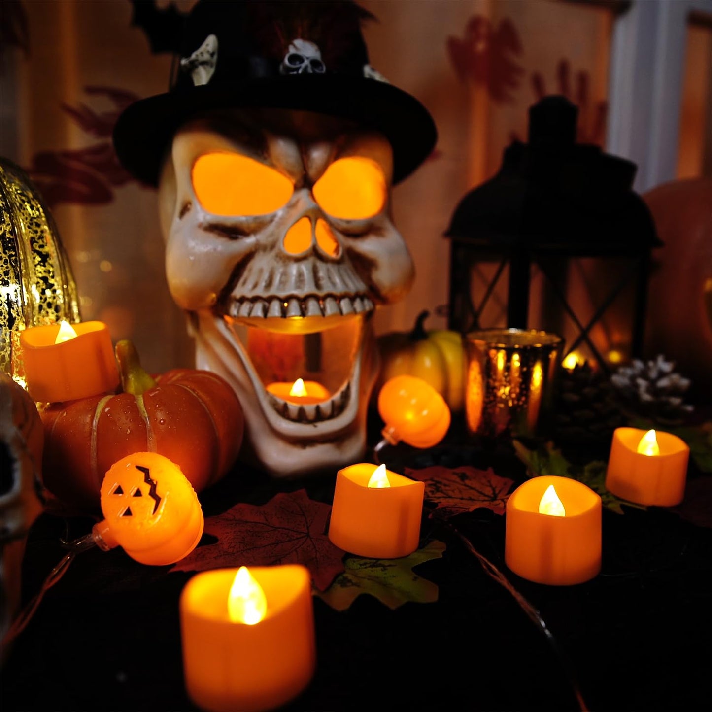 Homemory Halloween 24 Pack Orange Tea Light Candles, Battery Operated LED Tealights, Small Pumpkins Lights, Flameless, Electric Fake Tea Candles