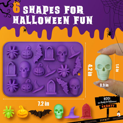 Halloween Molds Silicone for Chocolate 2 Pack, 3D Halloween Chocolate Candy Gummy Mold Skull Pumpkin Bat Ghost Witch Hat Spider tombstone Shapes Mold