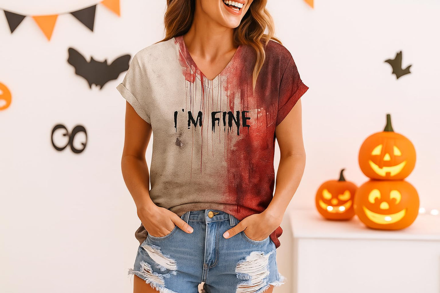 Generic Its Ok It'S Not My Blood Shirt I'M Fine It'S Not My Blood Hoodie Ladies' Halloween Bloody Print Dress Funny Letter Print Shirt Graphic Casual Top Fun Gift, Medium