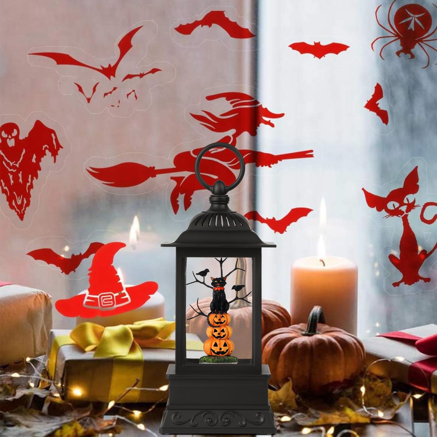 10'' Halloween Snow Globe, Lighted Musical Glitter Globe, Battery Operated or USB Powered Glitter Lantern for Spooky Halloween Festival Party Home Table Decorations (Pumpkin and Black Cat Combo)