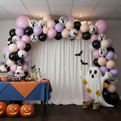 Halloween Balloons,52PCS 12 Inch Halloween Pastel Pink Black Orange Purple Balloon, Ghost Printed Ballons for Halloweenday BOO Party Decorations,Birthday,Baby Shower