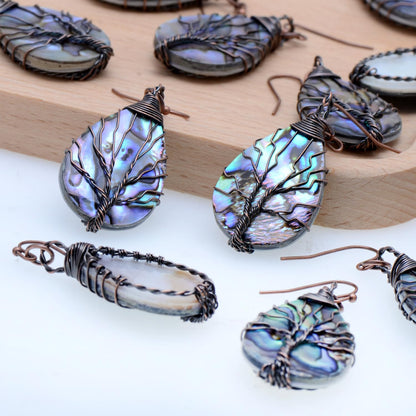 Handmade Teardrop Abalone Shell Dangle Earrings for Women, Wire Craft Tree of Life Earrings