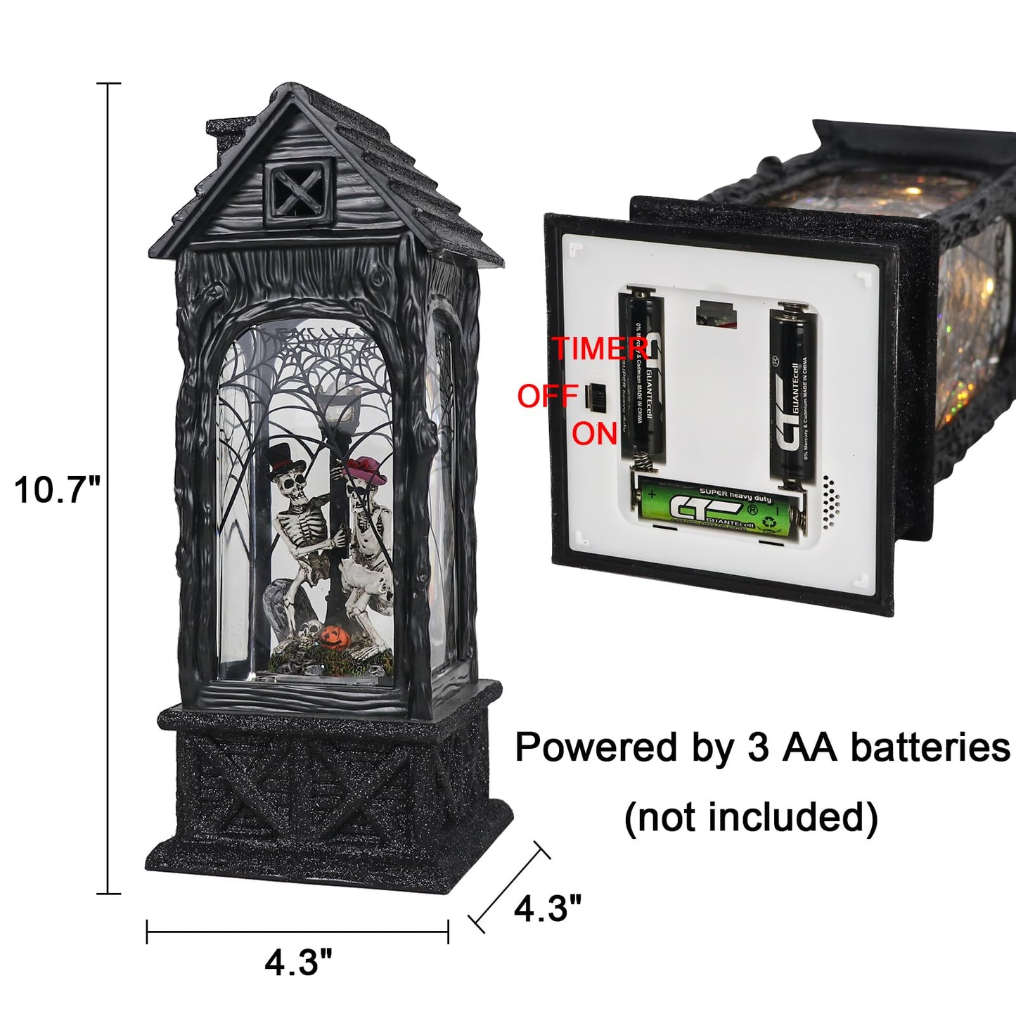 GenSwin Halloween Skeleton Snow Globe Lantern Ghost Projection Lamp with 6 Hour Timer, Battery Operated & USB Powered LED Spinning Water Glittering Globe Halloween Decoration Parties(11”, 3AA)