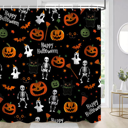 Cnayuep Halloween Shower Curtain, Black Fall Shower Curtains for Bathroom, Horror Skeleton Halloween Curtains Ghost Shower Curtain Set for Bathroom Decor, Waterproof Bathroom Curtain 72"X72"