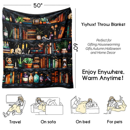 Yiyhuxf Book Lovers Blanket,Halloween Witches Bookshelf Skulls Black Cat Potions Fleece Blankets for Women Flannel Throw Blanket for Home Living Room Couch Bed Chair or Dorm Decor 60"x50"