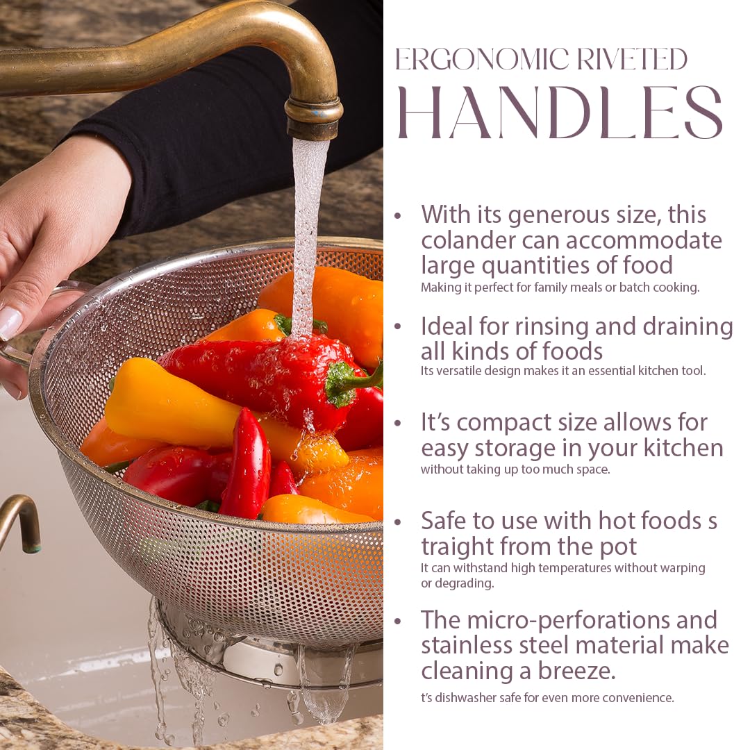 Bellemain Colander for Kitchen – 5 Qt Stainless Steel Strainer with Handle - 18/8 Pasta Strainer Bowl for Pasta, Spaghetti, Vegetables, Fruit, and Pot Draining - Stainless Steel Colander