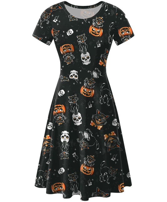 Halloween Casual Crewneck Women's Costume Funny Cute Print Cosplay Vintage Dress Jackolanterns Skulls Black Cats M