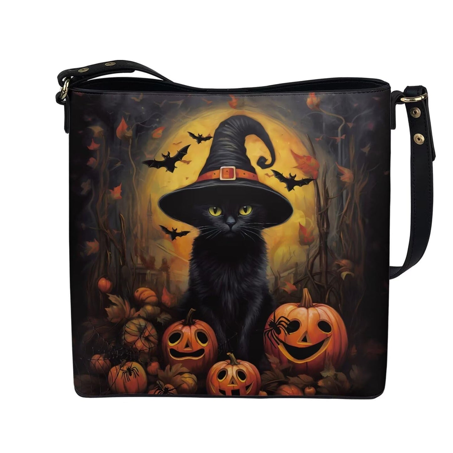 HUGS IDEA Black Cat Halloween Tote Bag for Women Pu Leather Satchel Bags Handbag Crossbody Hobo Purse for Outdoor Travel Holiday Vacation