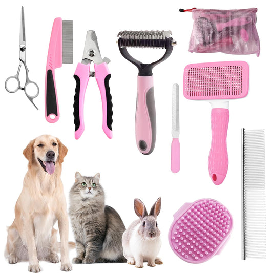 KUEIOX Dog Brush for Shedding,9 PCS in One Pet Slicker Hair Brush Kit with Pet Nail Clipper and File - Dog Cat Grooming Deshedding Undercoat Rake Brush Comb for All Small Large Dogs Cats Pink