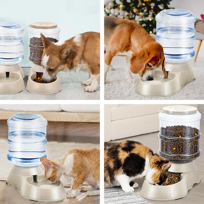 2 Pack Automatic Cat Feeder and Water Dispenser in Set Pet Food Bowl for Small Medium Dog Pets Puppy Kitten Big Capacity 1 Gallon x 2 (Cream)