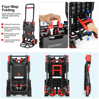 330LB Folding Hand Truck Heavy Duty Carrying, Combination of Four Wheels and Two Wheels Convertible Dolly Cart with Retractable Handle Dolly for Moving Office Carts.