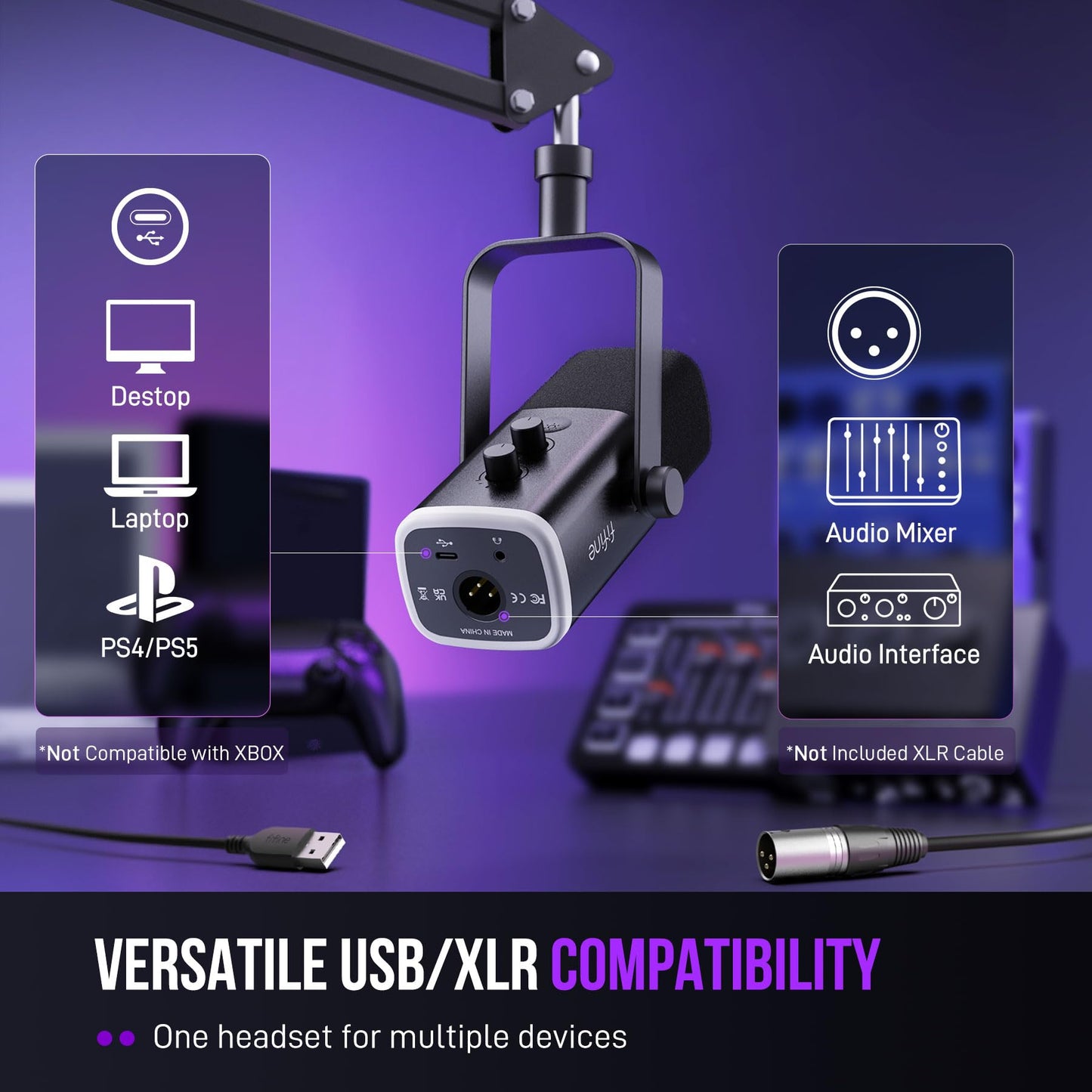 FIFINE XLR/USB Gaming Microphone Set, Dynamic PC Mic for Streaming Podcasting, Computer RGB Mic Kit with Boom Arm Stand, Mute Button, Headphones Jack, for Recording Vocal Voice-Over-AmpliGame AM8T