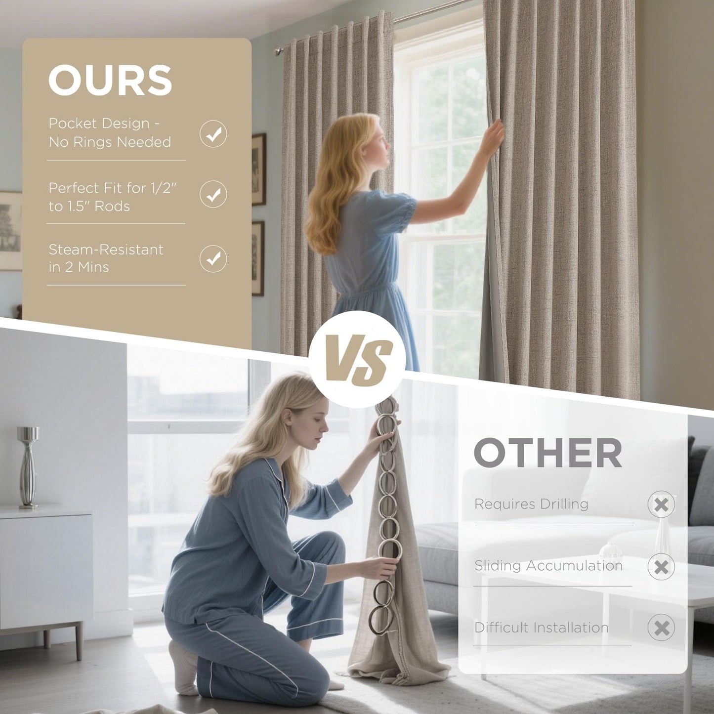 Joydeco Blackout Curtains for Bedroom - Natural Linen Curtains 52" W x 84" L (Pack of 2), Thermal Insulated 100% Blackout 2 Panels Linen Rod Pocket & Back Tabs Light Blocking Drapes for Living Room