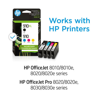 HP Original 910 Cyan, Magenta, Yellow / 910XL Black Ink Cartridges (4-Pack) | Works OfficeJet 8010, 8020 Series OfficeJet Pro 8020, 8030 Series | Eligible for Instant Ink | 3JB41AN