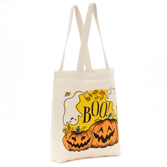 Hallmark 13" Large Halloween Tote Bag (Pumpkins and Ghosts, "Boo!") Reusable Canvas Bag for Trick or Treating, Grocery Shopping and More