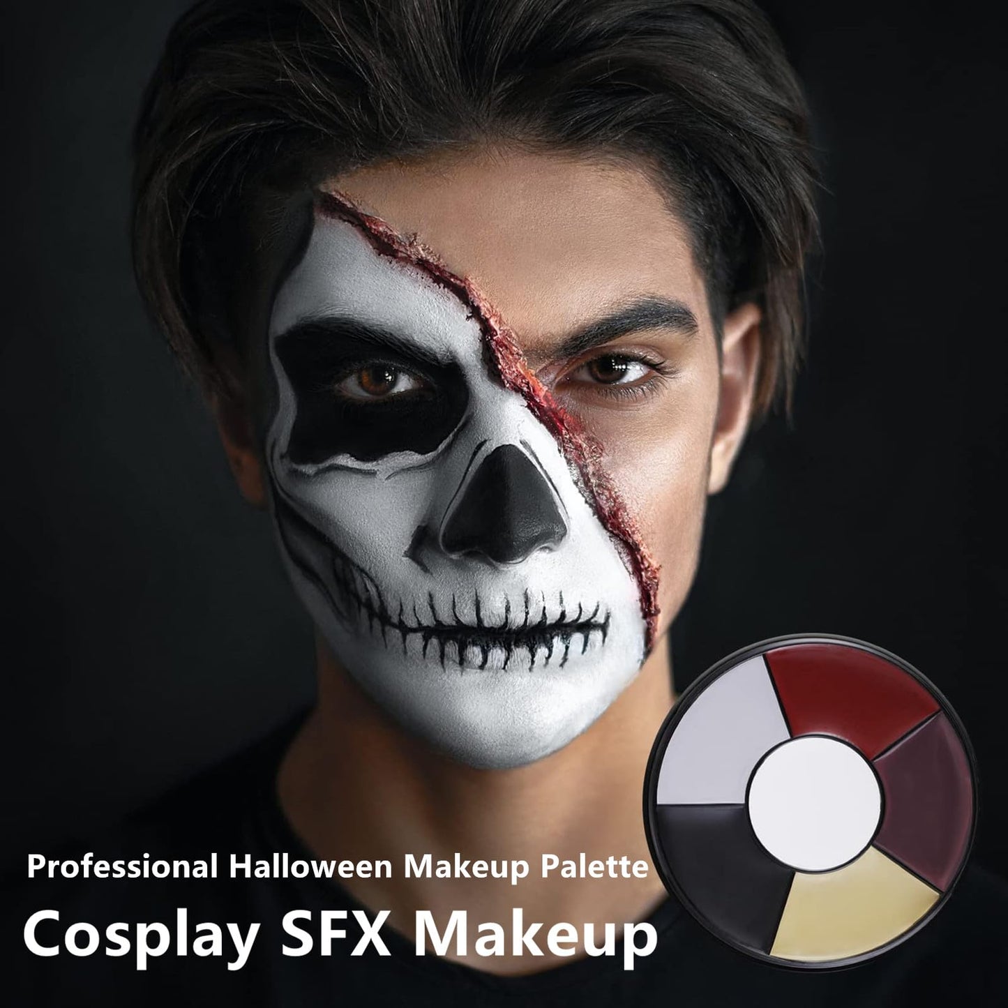 Go Ho Clown White Black Face Body Paint,6 Colors Wheel for Special Effects Zombie Makeup Kit,Halloween Professional Makeup Palettes with Sponge,Non Toxic